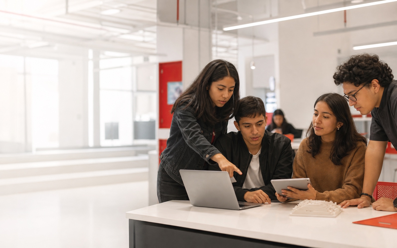 Estudiantes colaborando alrededor de un computador