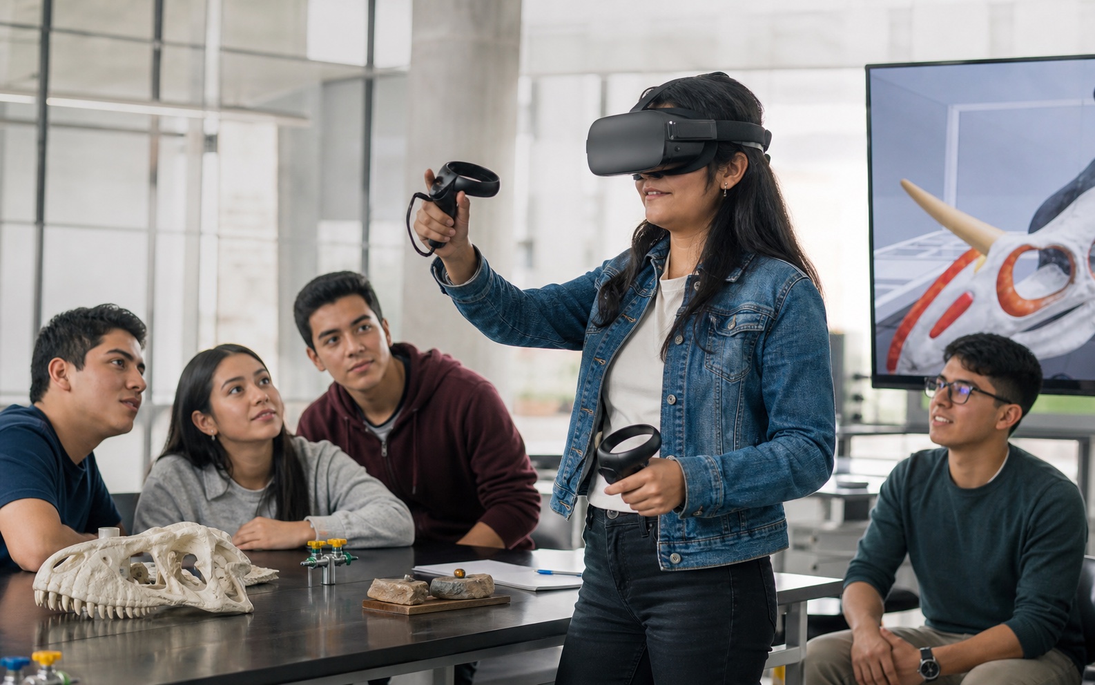 Estudiantes utilizando realidad virtual en un laboratorio universitario